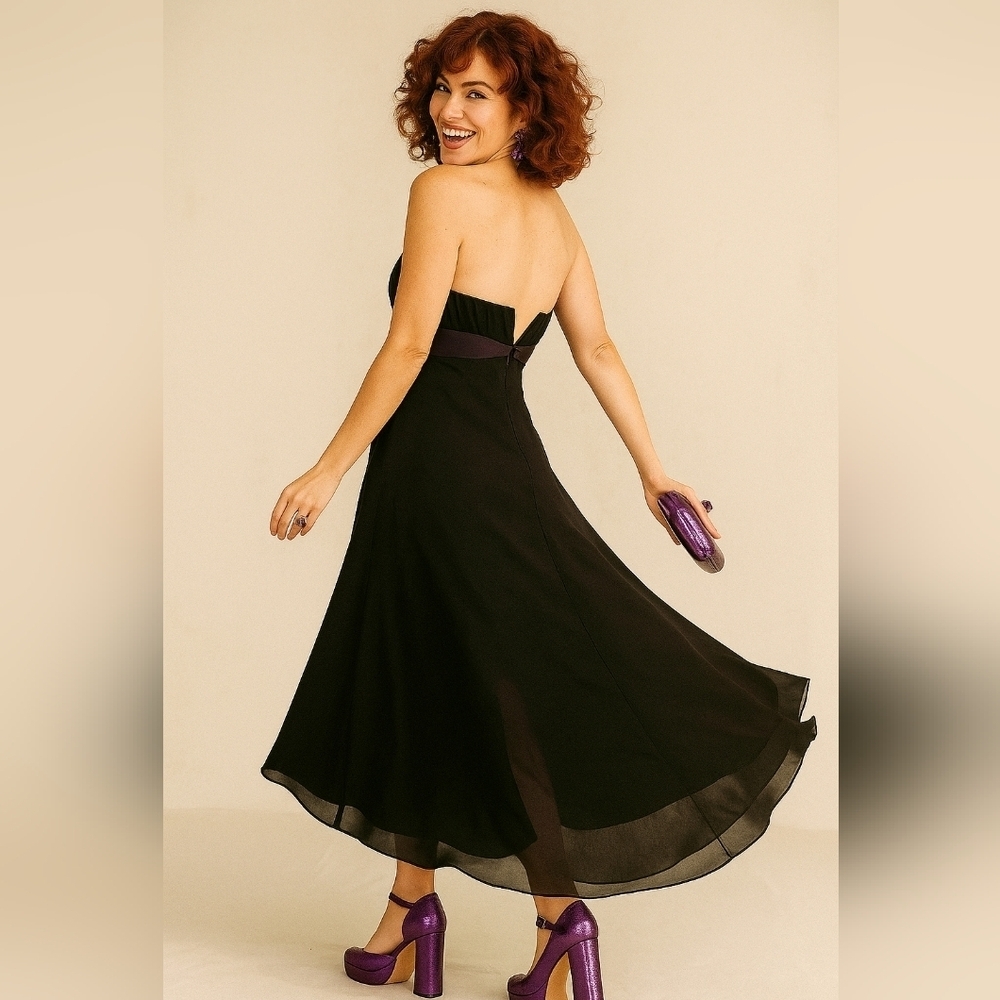 Black Strapless Dress. Satin Waist. Asymmetrical Hemline. Size Small - Picture 2 of 8